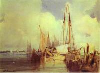 Richard Parkes Bonington - French River Scene with Fishing Boats